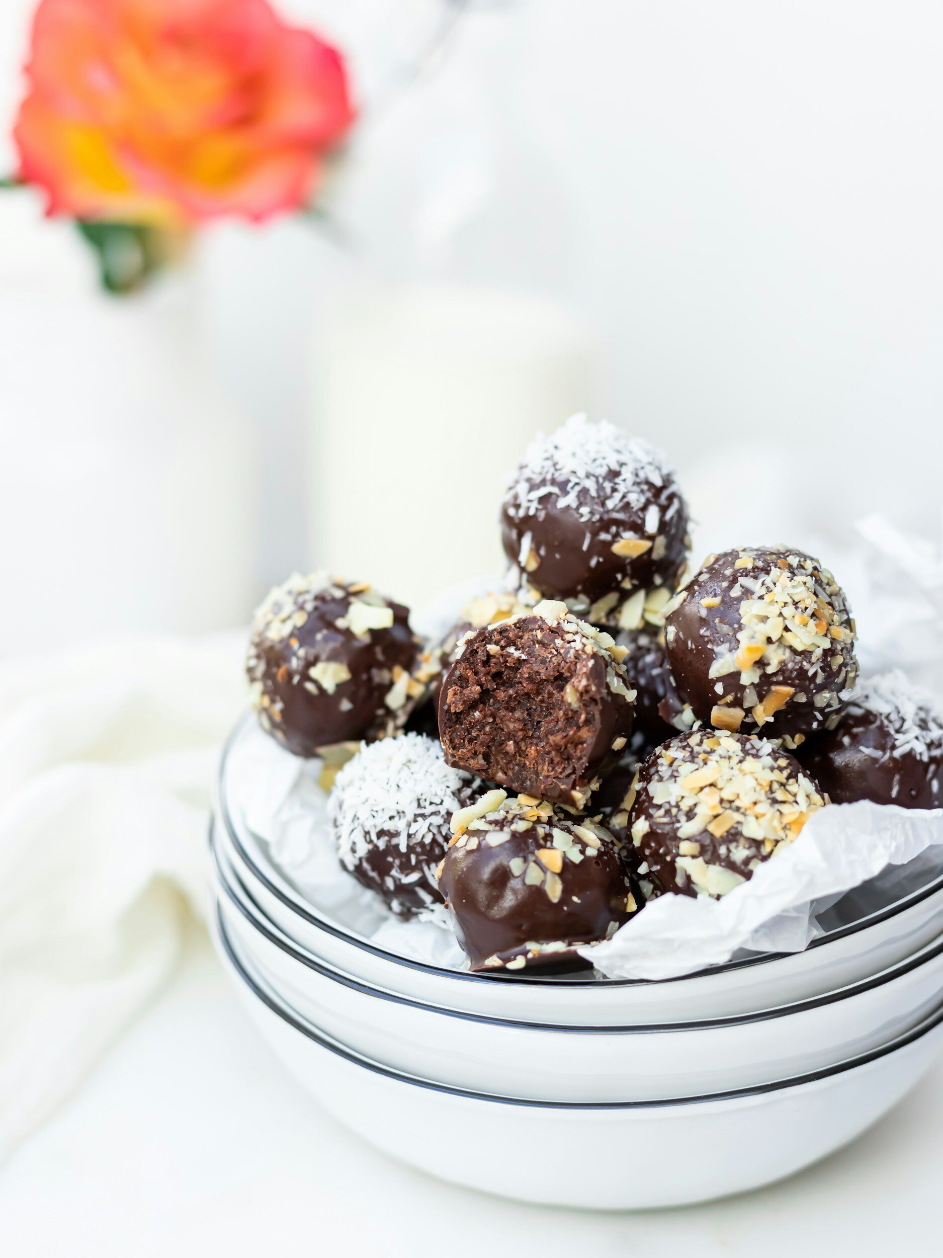 bliss balls topped with shredded coconut