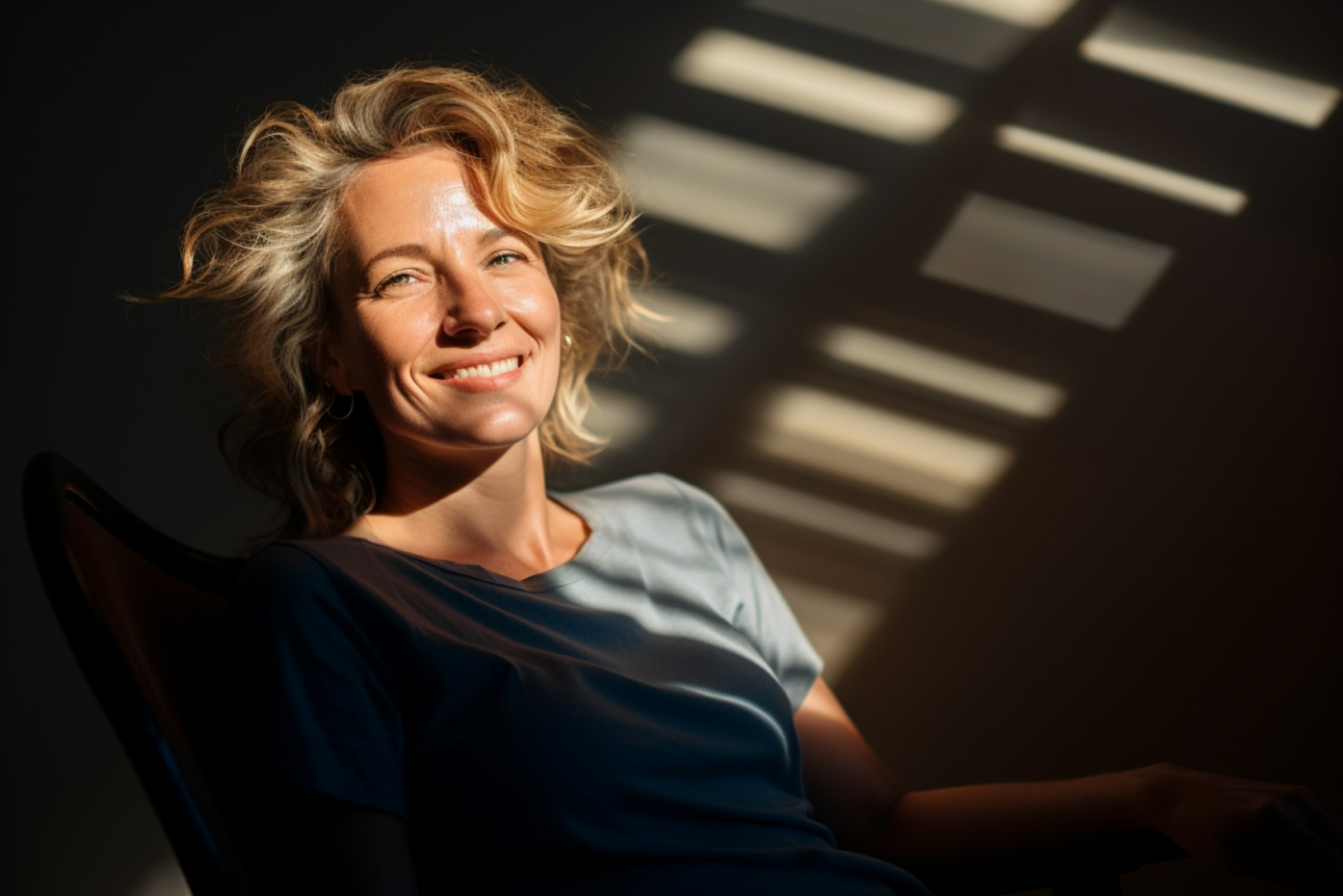 a smiling woman bathed in natural light