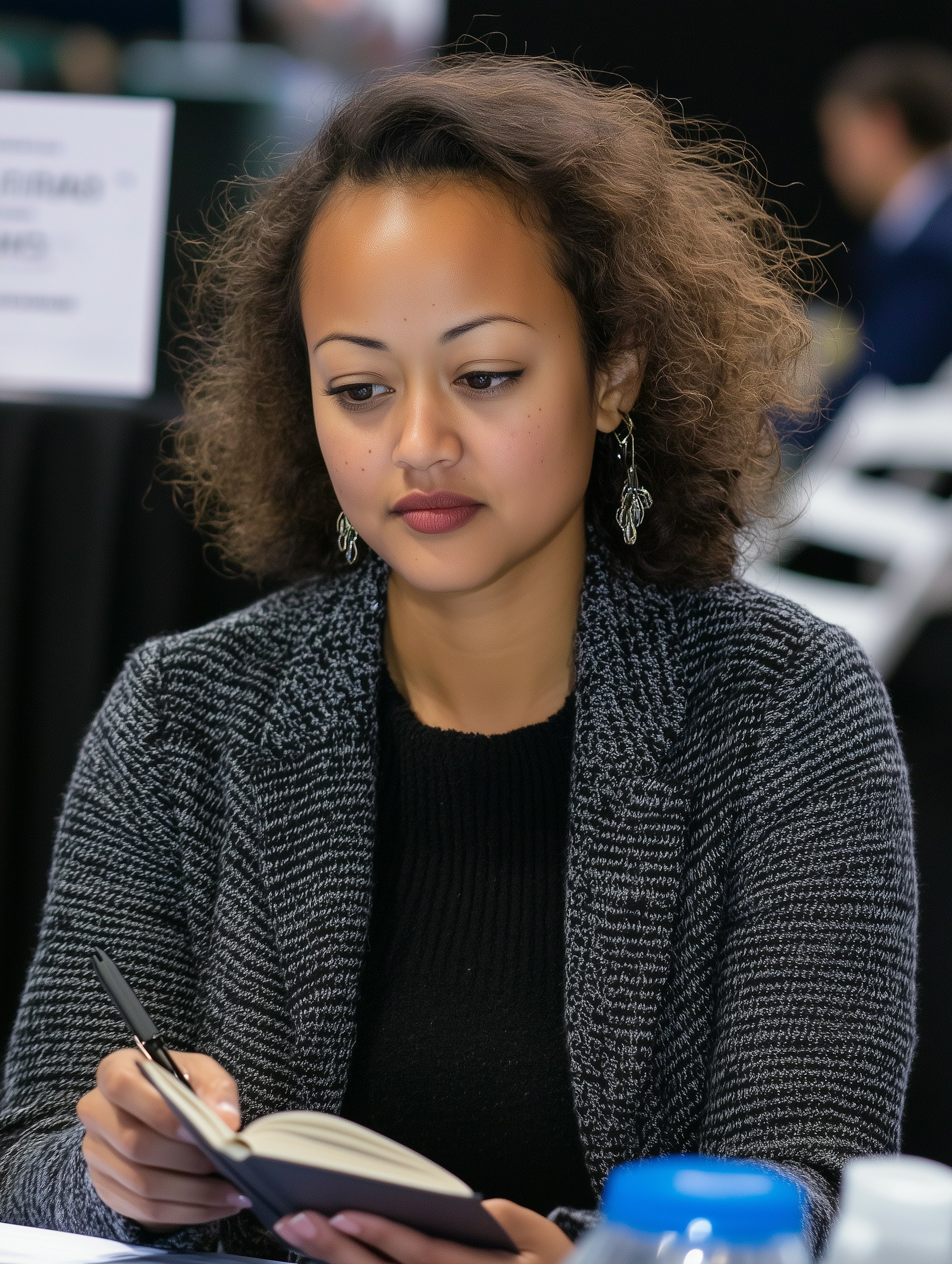 woman with curly hair writing in notebook