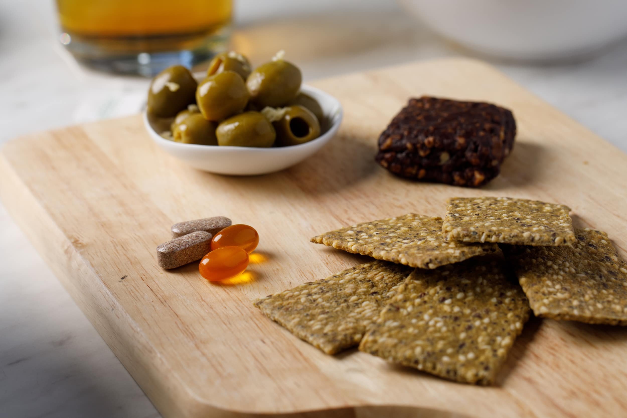 prolon crackers, supplements, bar, and olives