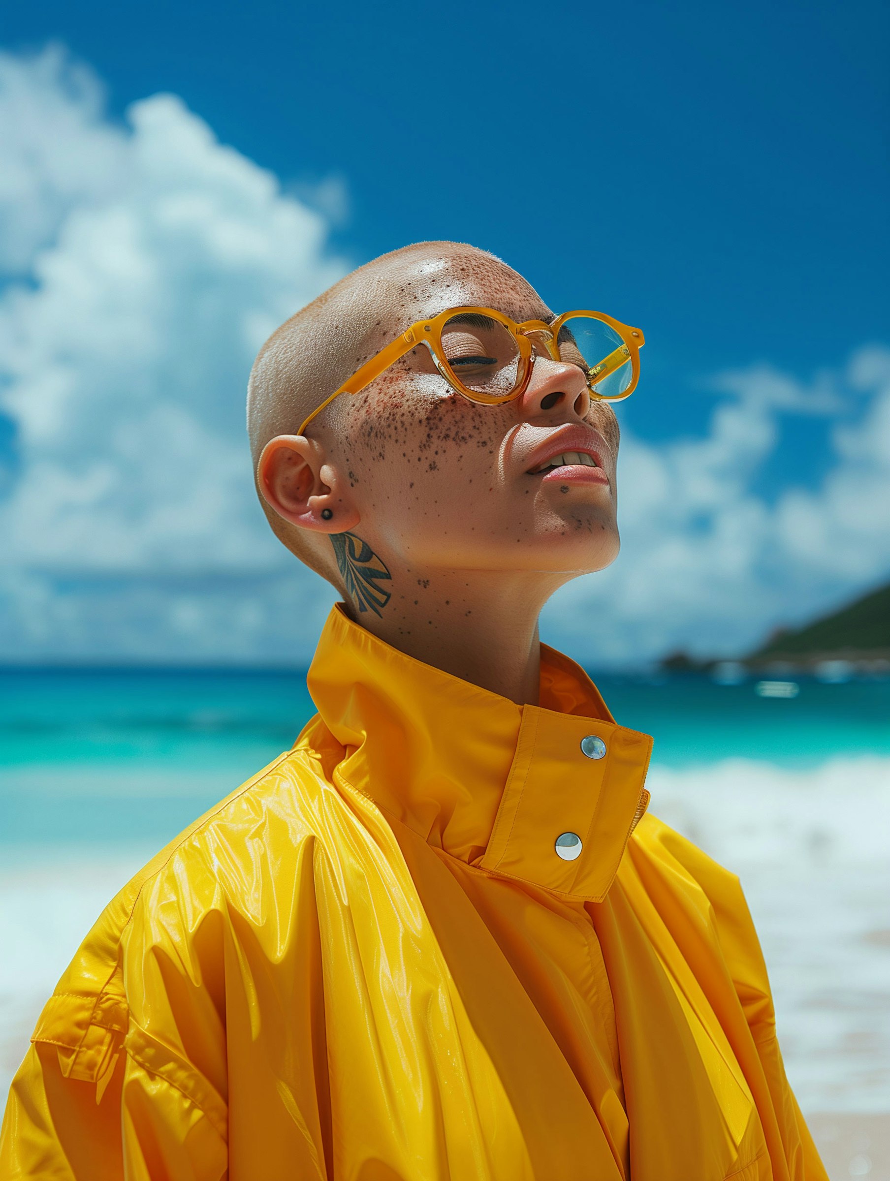 Serene-Portrait-of-Individual-in-Yellow seemingly daydreaming on a beach