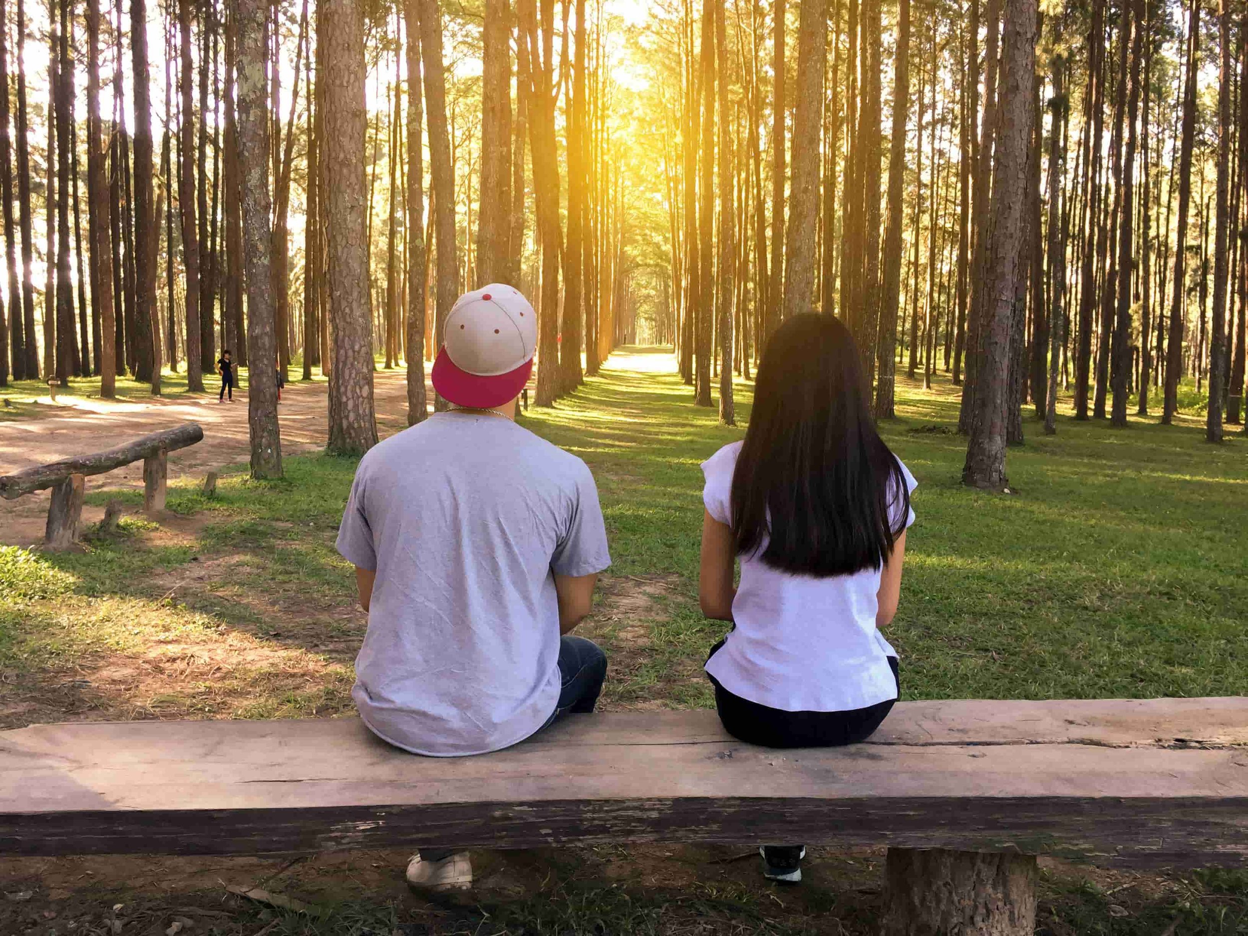 two young people, looking at a forest. View from their back.