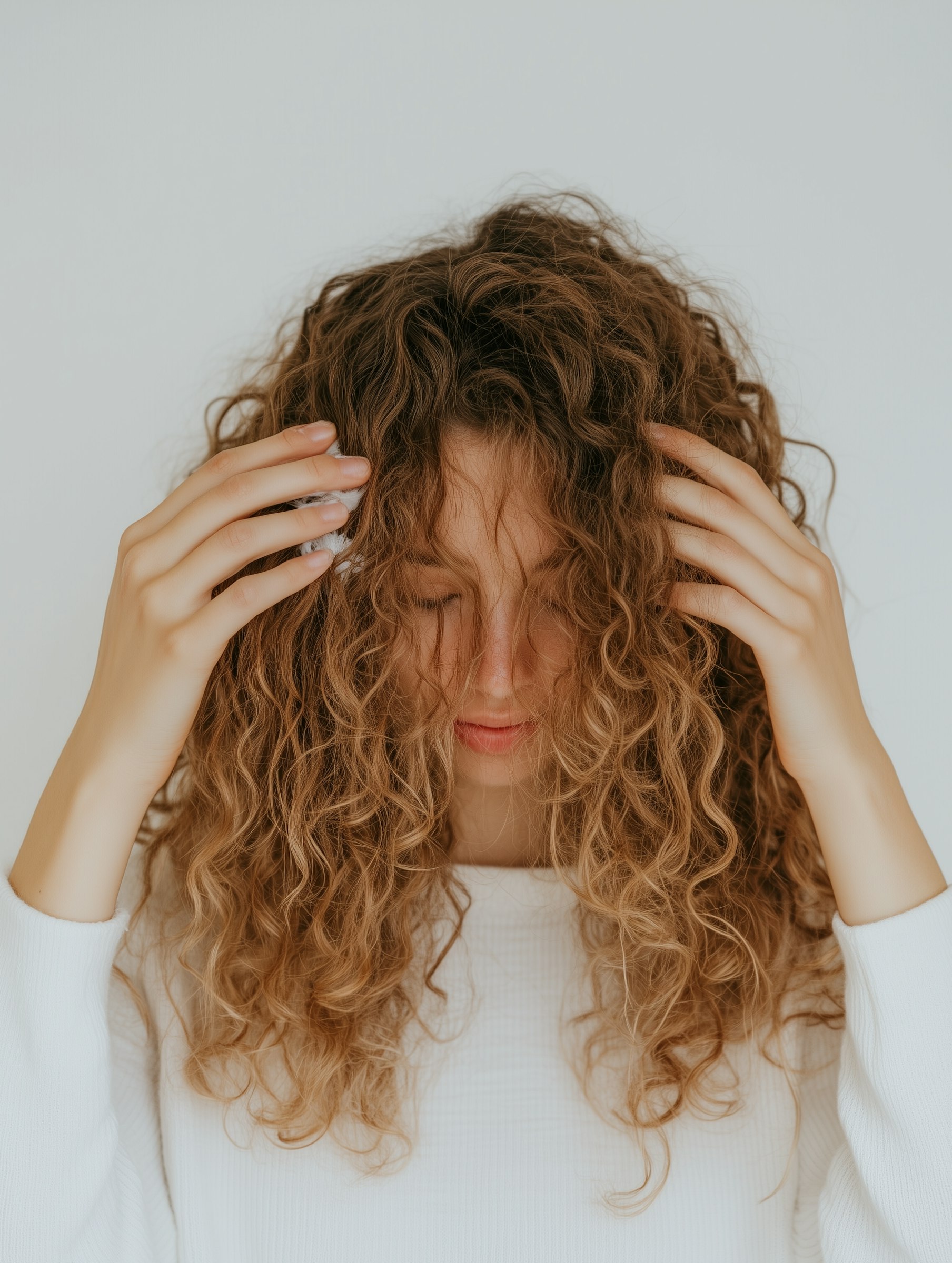 Long, curly haired woman touching her hair