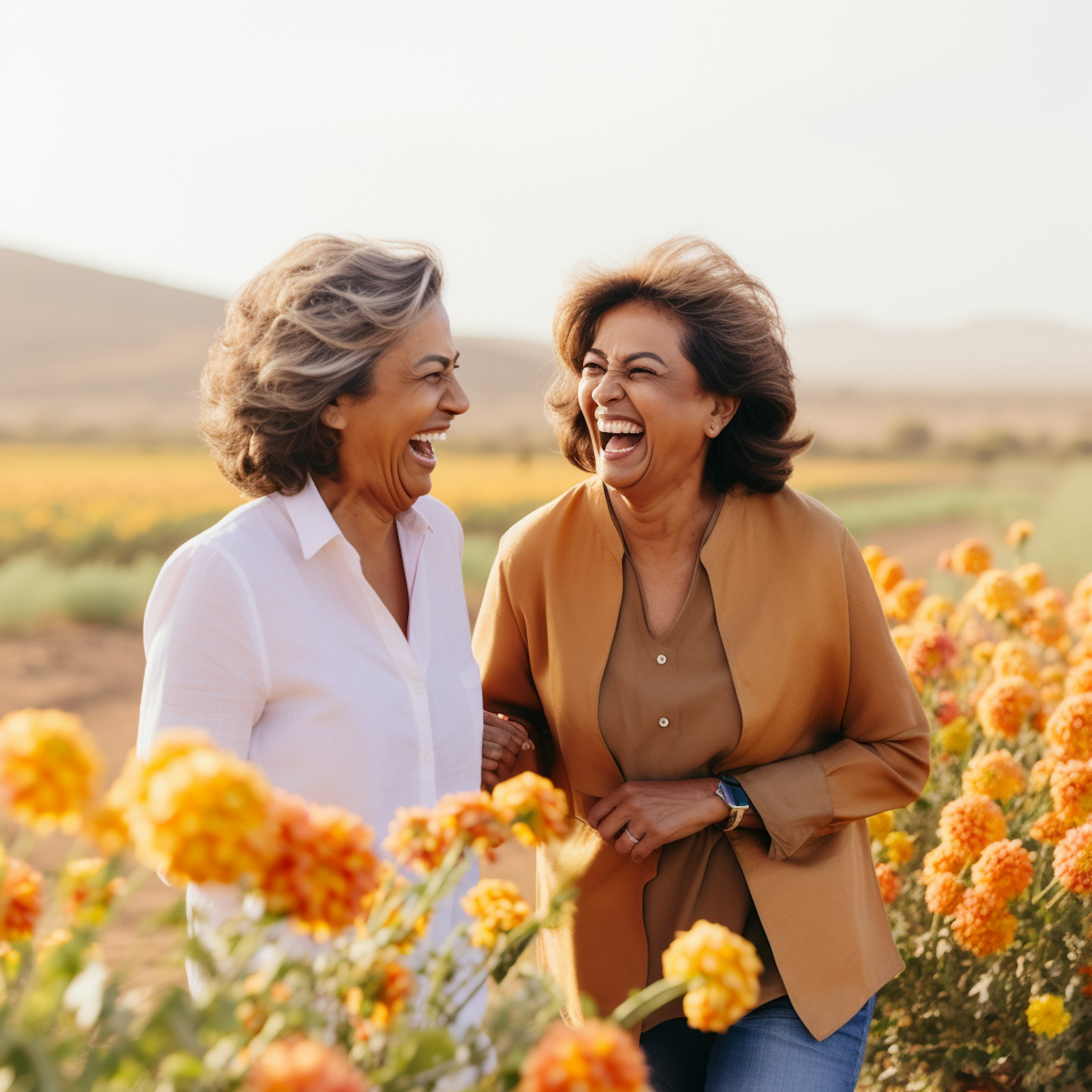 Two middle aged women in Joyful-Companionship-in-a-Floral-Idyll