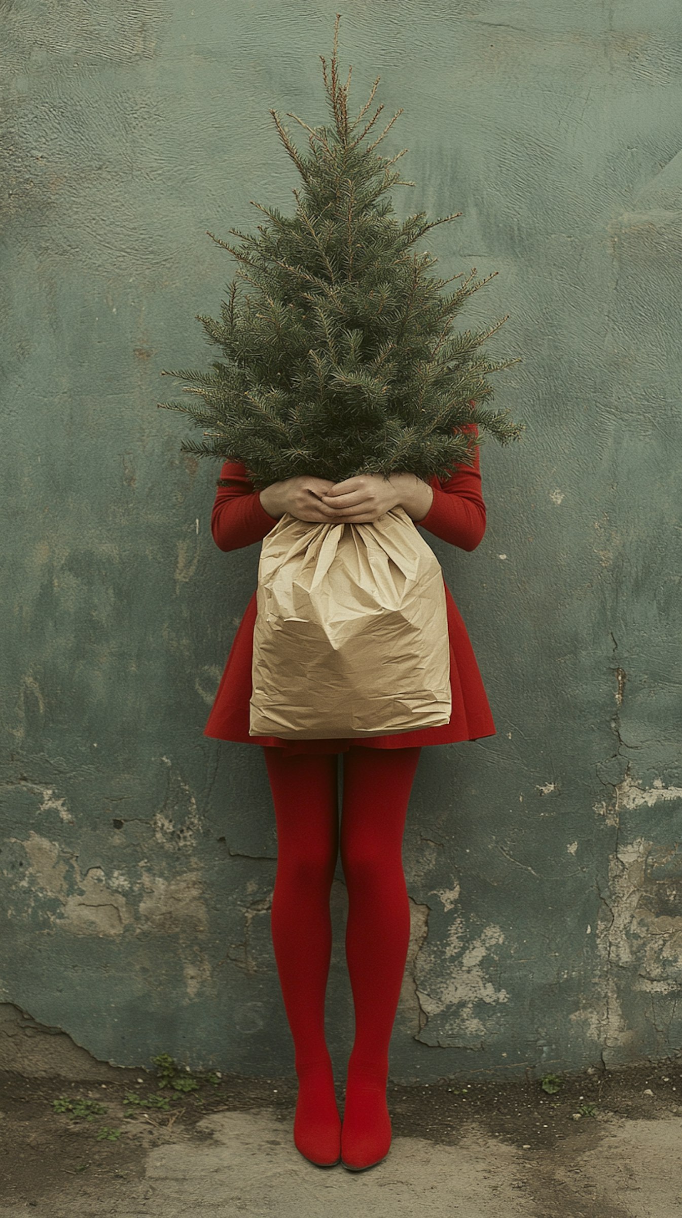 Person in red hiding behind an evergreen tree