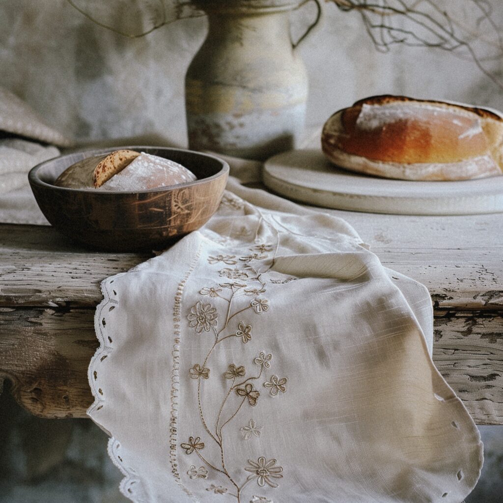 Artisanal bread display with embroidered linen and rustic ceramics 