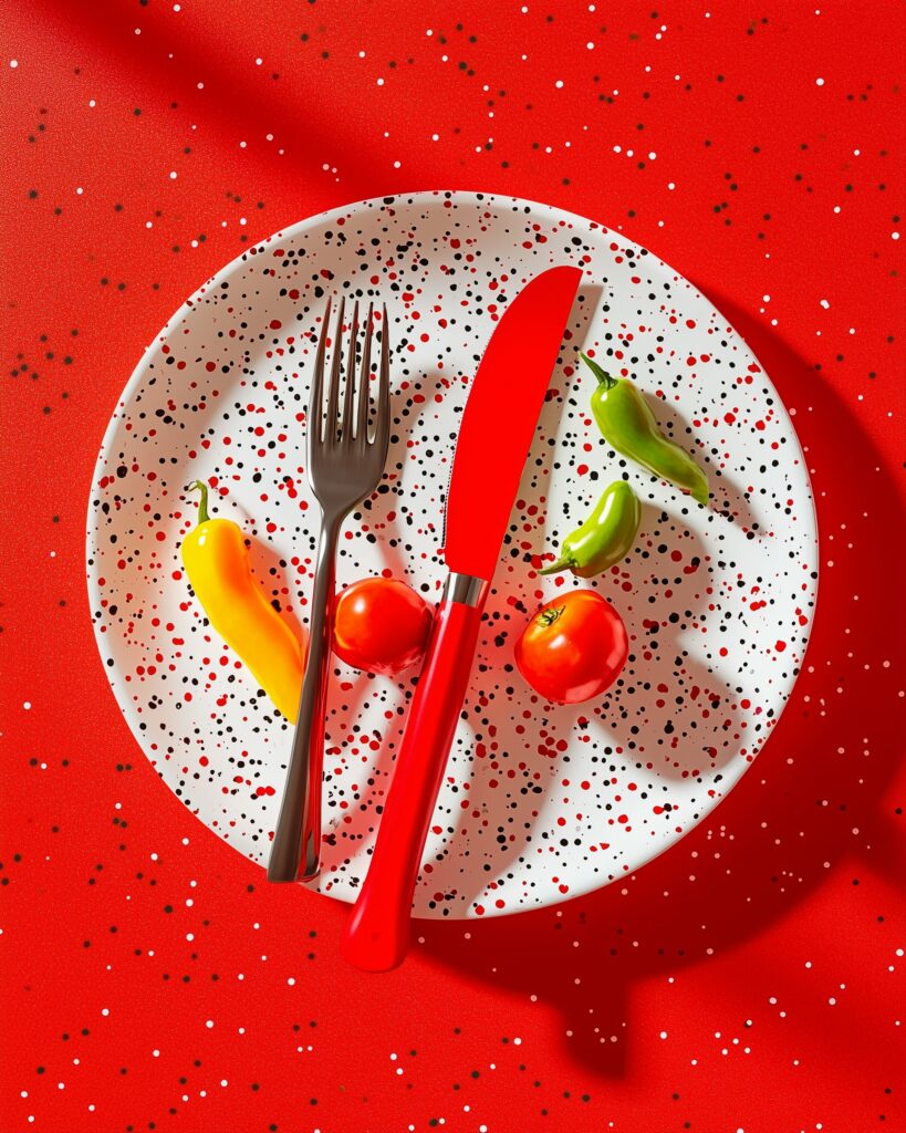 Vibrant plate on red background with red knife, silver fork, colourful veggies