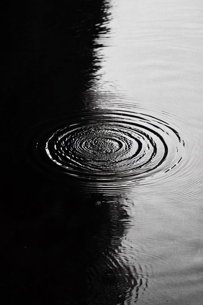 Concentric water ripples create hypnotic patterns in monochrome 
