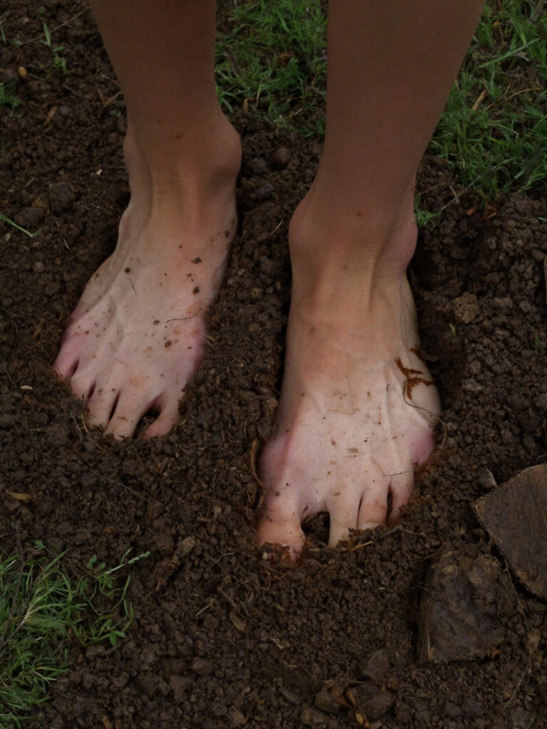 Holistic - Bare pale feet standing in dark crumbly soil_ toes dug into dirt